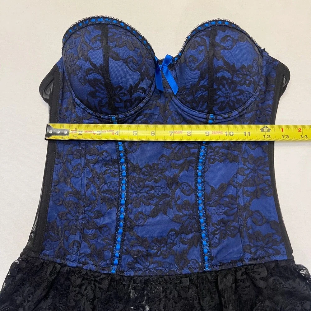 Seven til Midnight‎ Blue Black Lace Corset Burlesque Pin Up Bustier Top Size L